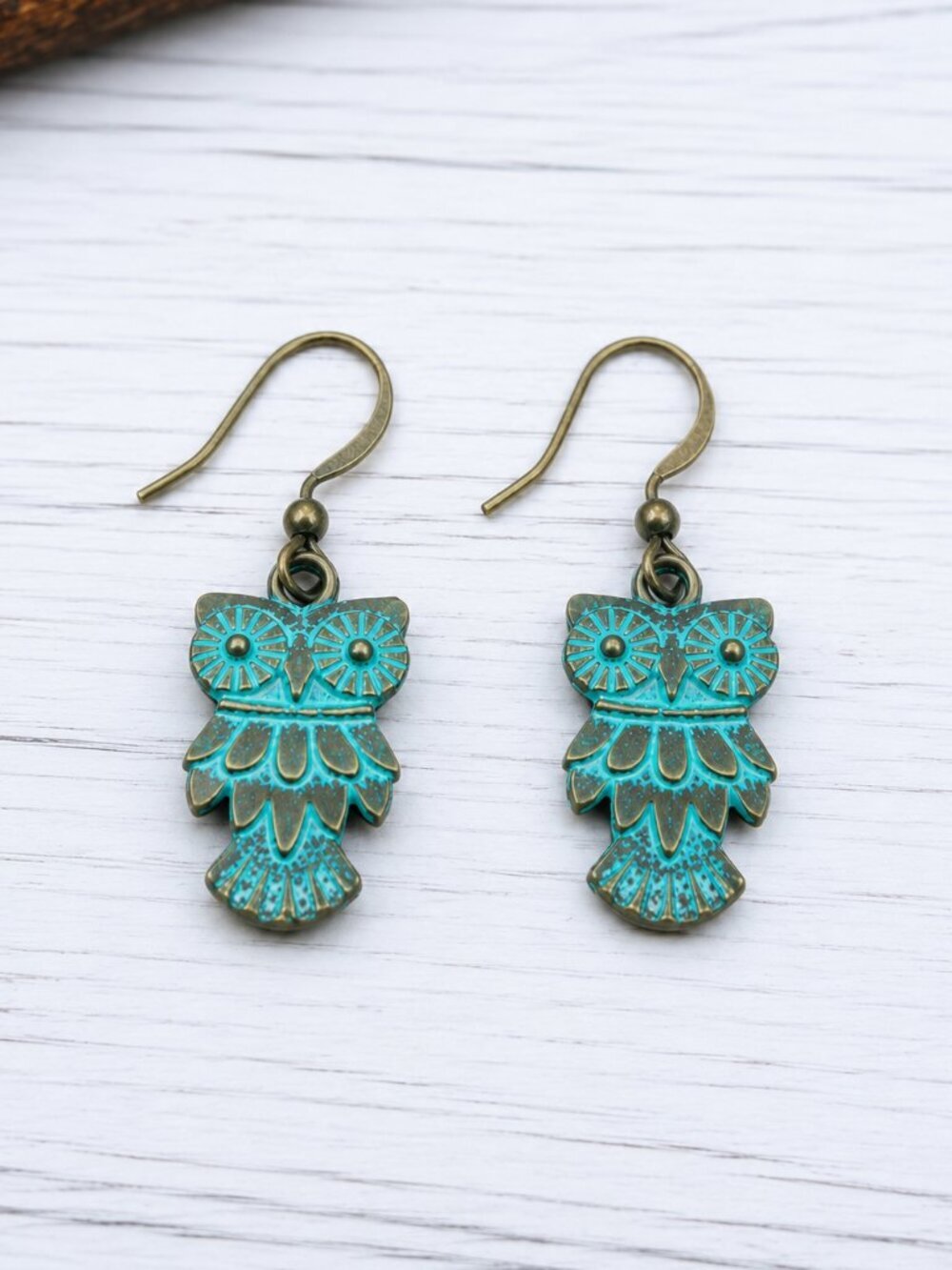 Patina Owl Drop Earrings - Picture 7 of 7